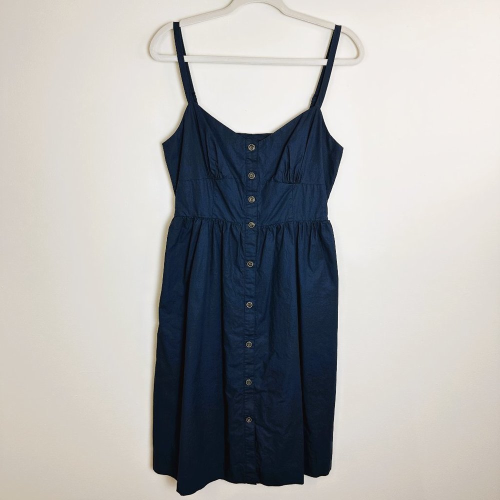 J. Crew Classic 100% cotton button-front a line poplin navy blue midi sundress